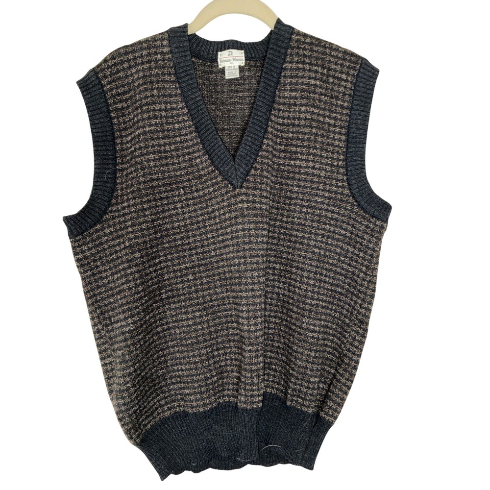 Neiman Marcus Sweater Vest Mens XL Grey Brown 100% Virgin Wool V-Neck Uruguay
